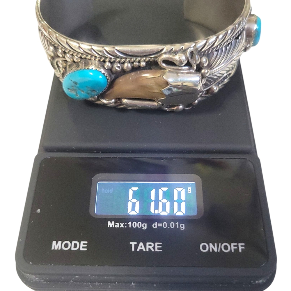 Sterling Silver,Natural Turquoise, Rare Bearclaw "TedJoe" Navajo Cuff Bracelet - Picture 3 of 12